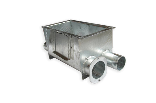 Boot box for silo hopper 75 mm, 2-fold, galvanised, directions, with flange plate for expansion shaft