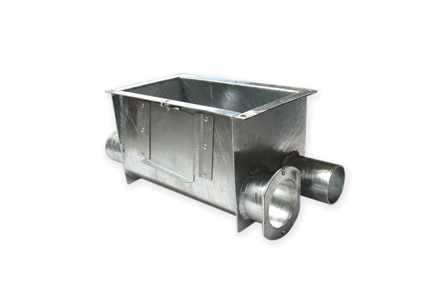 Boot box for silo hopper 75 mm, 2-fold, galvanised, 1 x flange plate for expansion shaft, 1 x continuous