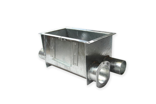 Boot box for silo hopper 90 mm, 2-fold, galvanised, 89mm, 1 x flange plate for expansion shaft, 1 x continuous